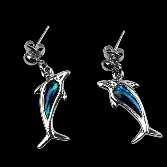 Jewelry - Dolphin Earrings -NEW- Vintage Paua Shell Silver Plated Dangle Earrings